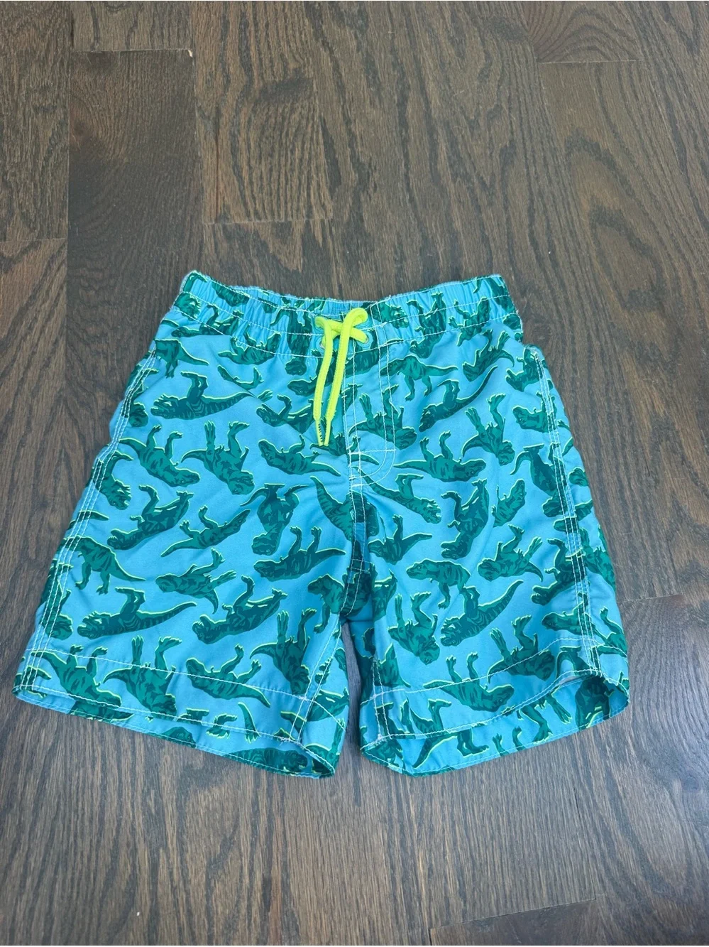 GAP Teal Swim Shorts with Green Dino Pattern and Yellow Drawstring